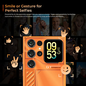 OUKITEL C62GT smartphone demonstrating AI-powered hands-free selfies using smile or gesture recognition on the 1.81-inch secondary display, with lock screen details showing time 09, date WED 04/06, and step count 53 for quick-glance convenience.