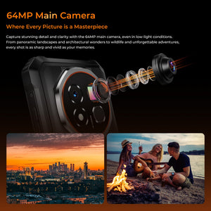 OUKITEL G6 rugged phone with 64MP main camera and advanced lens system, capturing sharp, high-resolution photos in low-light and outdoor environments.