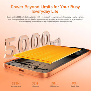 OUKITEL P2 Plus 5000mAh battery smartphone with 695h standby, 32h video playback, 9h gaming, and 10h talk time – All-day power for GPS, streaming, and nonstop daily use