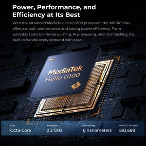 WP100 Plus rugged smartphone powered by the MediaTek Helio G100 octa-core processor with a 2.2GHz CPU, delivering smooth gaming, AI performance, and efficient multitasking.