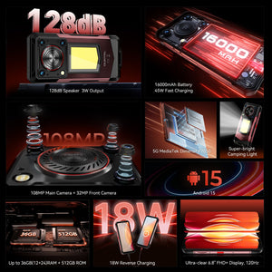 Oukitel WP56 5G phone with 6.8-inch FHD+ display, 16000mAh battery, 108MP camera, 12GB RAM, 512GB storage, and NFC