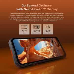 OUKITEL WP58 PRO smartphone with a 6.7" display, offering a 120Hz refresh rate and 16.7M color depth for immersive visuals. Perfect for gaming, video streaming, and browsing.