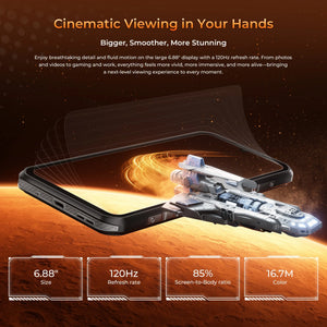 OUKITEL WP68 Air rugged phone featuring a 6.88-inch HD+ display with a 120Hz refresh rate, 85% screen-to-body ratio, and 16.7 million colors for a smooth and immersive viewing experience.