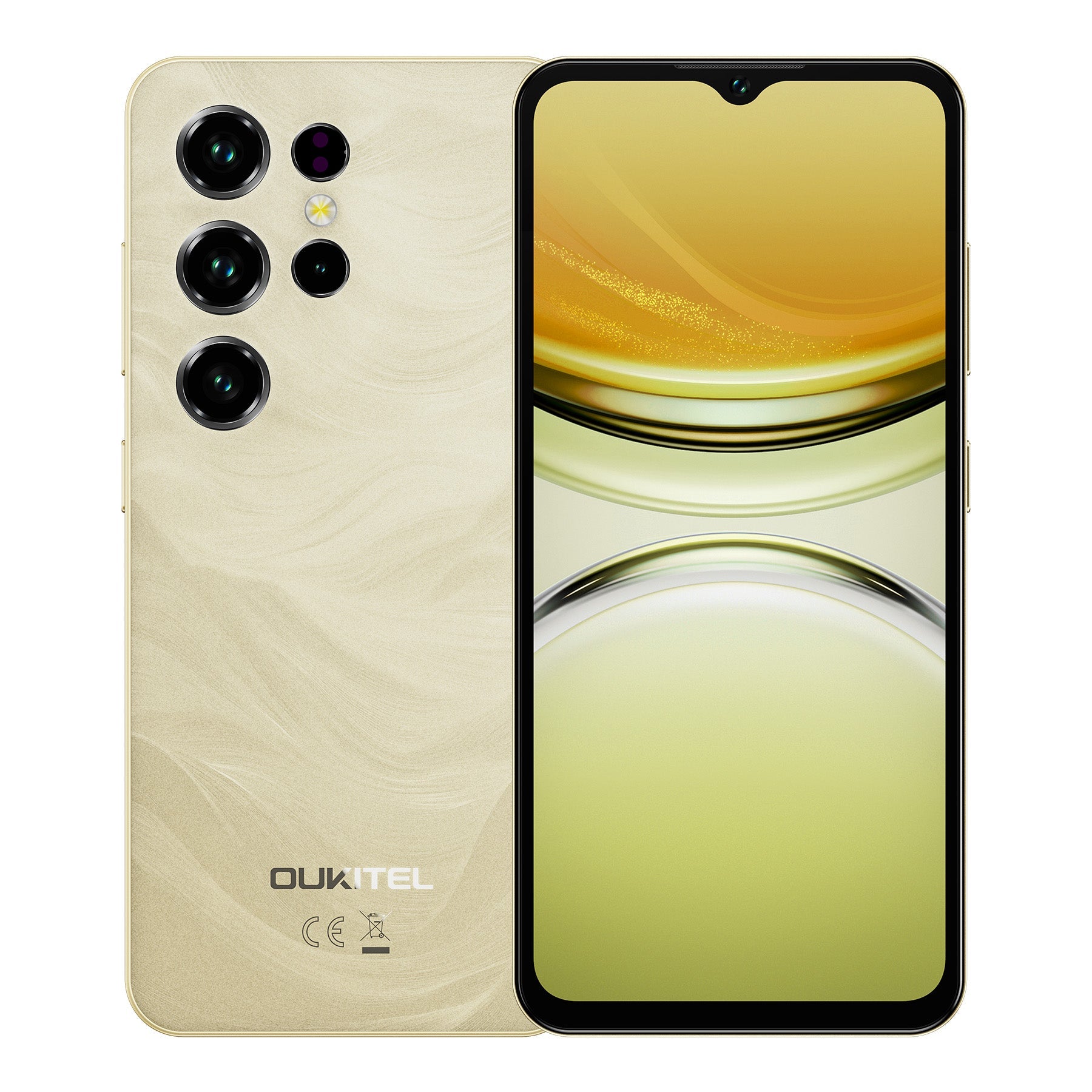 Oukitel C2 gold smartphone with 6.52-inch HD display, 5000mAh battery, and elegant ultra-thin body