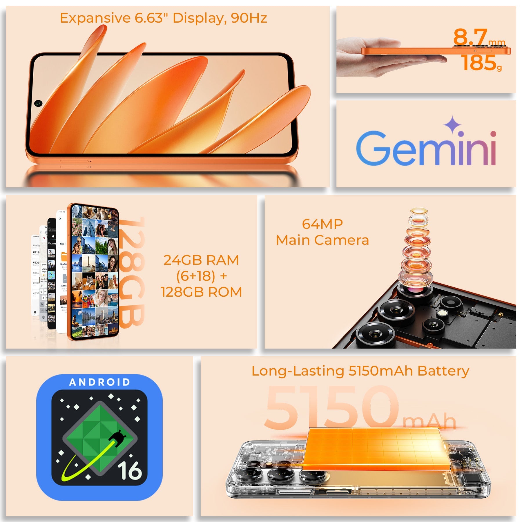 OUKITEL C26 smartphone featuring a 6.63" 90Hz display, 64MP camera, 24GB RAM + 128GB ROM, 5150mAh battery, and Android 16, designed with a sleek 185g, 8.7mm body for a premium user experience.