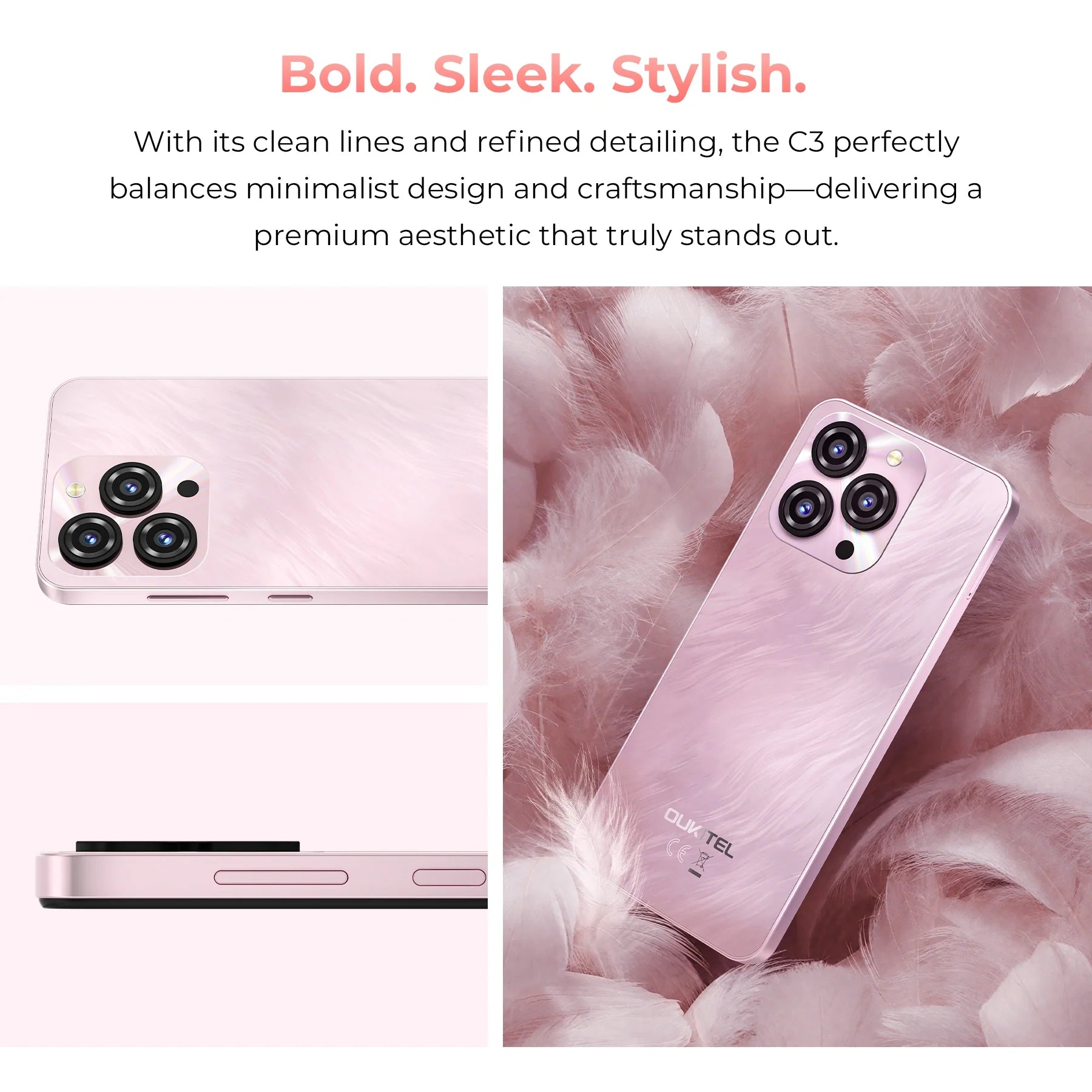 OUKITEL C3 smartphone with a sleek, minimalist design in pink, featuring a refined finish and triple camera setup.