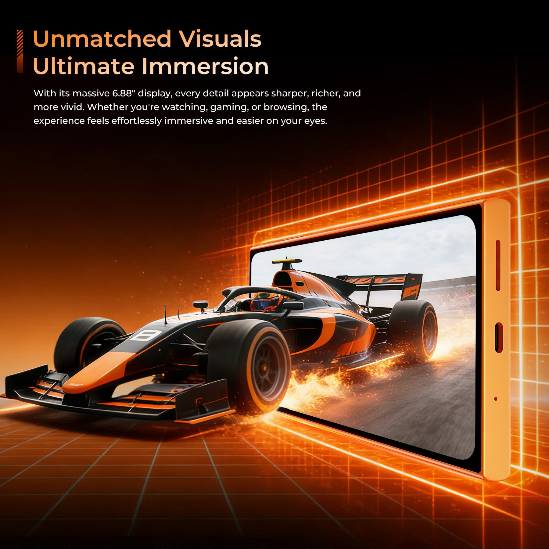 OUKITEL C62GT smartphone showcasing its massive 6.88-inch display delivering unmatched visuals and ultimate immersion, ideal for watching, gaming, and browsing.