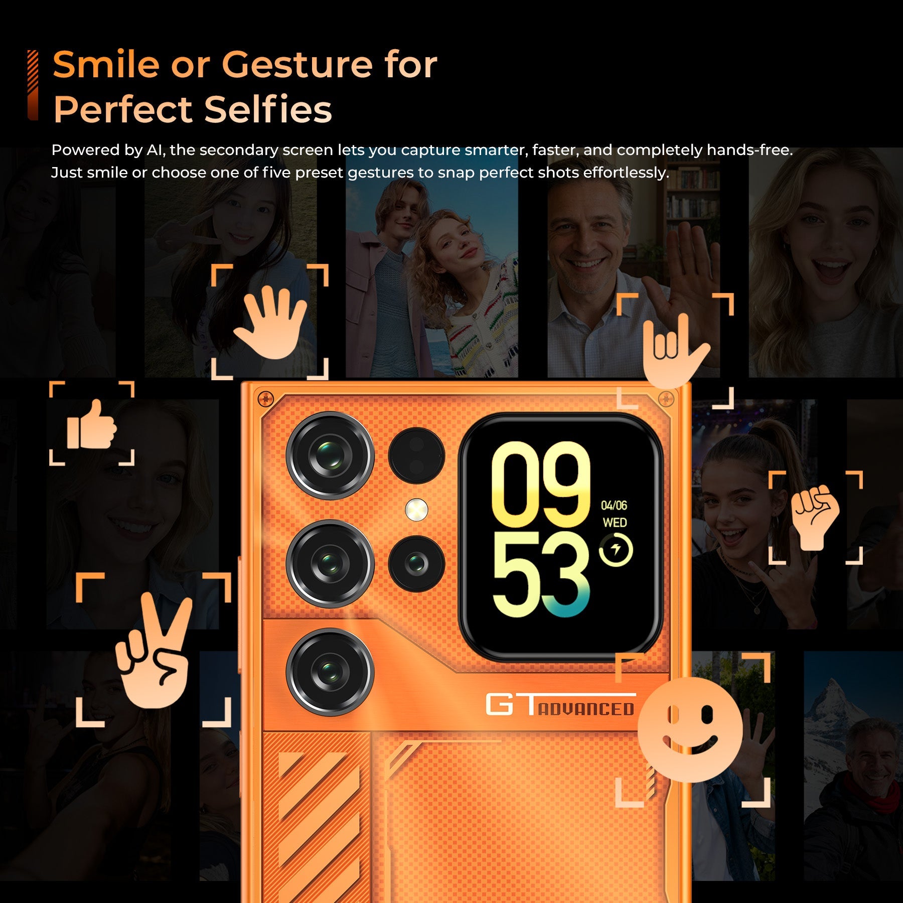 OUKITEL C62GT smartphone demonstrating AI-powered hands-free selfies using smile or gesture recognition on the 1.81-inch secondary display, with lock screen details showing time 09, date WED 04/06, and step count 53 for quick-glance convenience.