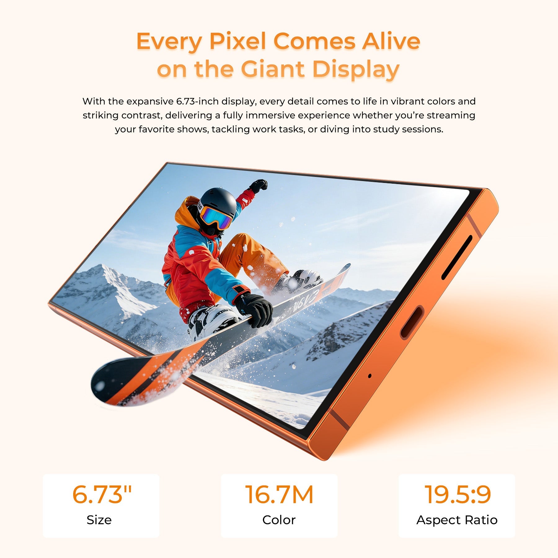 OUKITEL C67 smartphone with a large 6.73-inch HD+ display, 16.7 million colors, and a 19.5:9 aspect ratio, delivering vivid visuals and an immersive viewing experience for streaming, gaming, and everyday use.