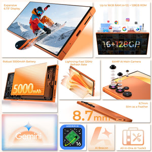 OUKITEL C67 smartphone featuring a 6.73-inch HD+ 120Hz display, up to 16GB RAM with 128GB storage, 64MP AI camera, 5000mAh battery, 8.7mm slim design, Android 16, Gemini AI, AI Beacon, and an all-in-one AI toolkit.