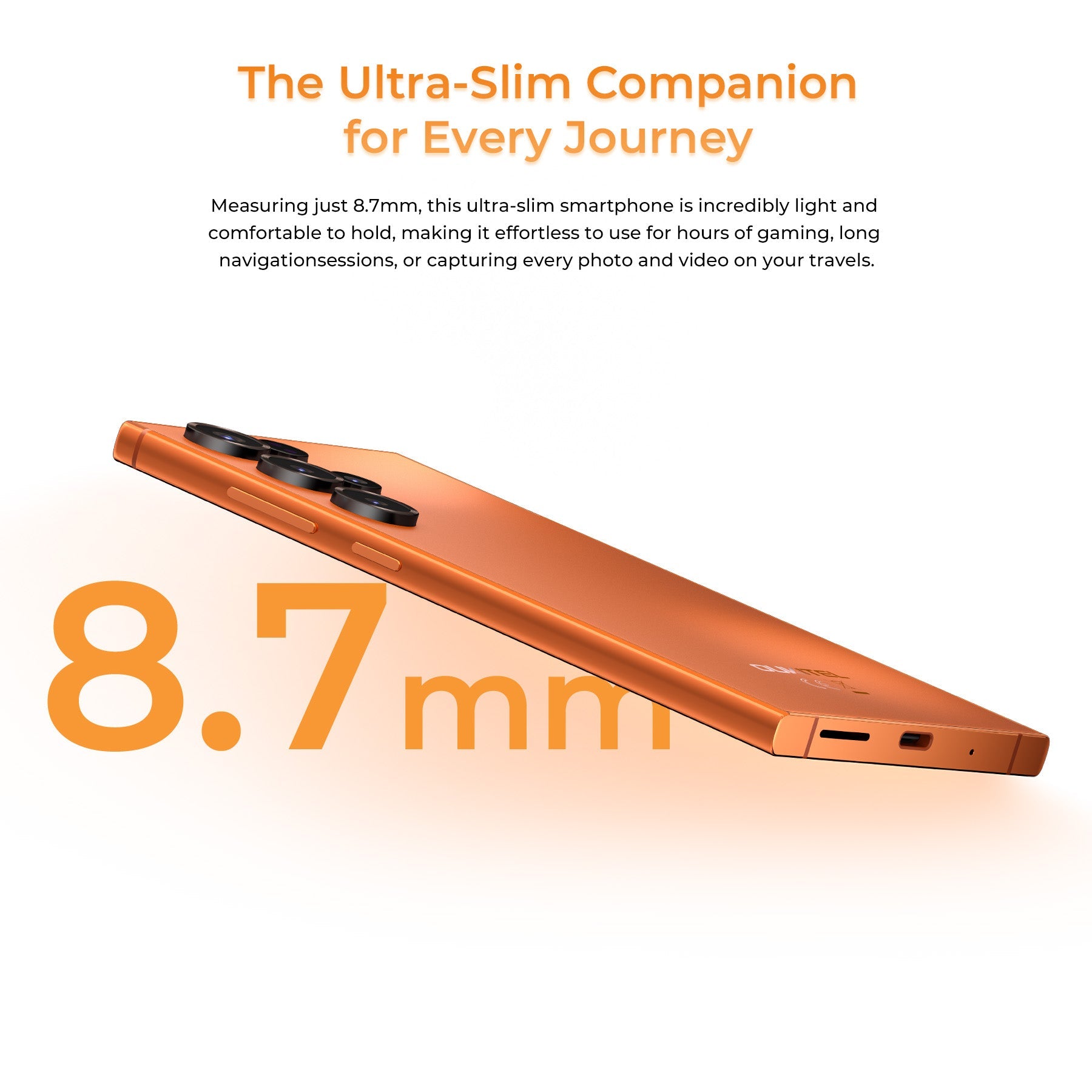 Side profile of the OUKITEL C67 smartphone featuring an ultra-slim 8.7mm design, lightweight construction, USB-C port, and comfortable grip for travel, gaming, navigation, and everyday use.
