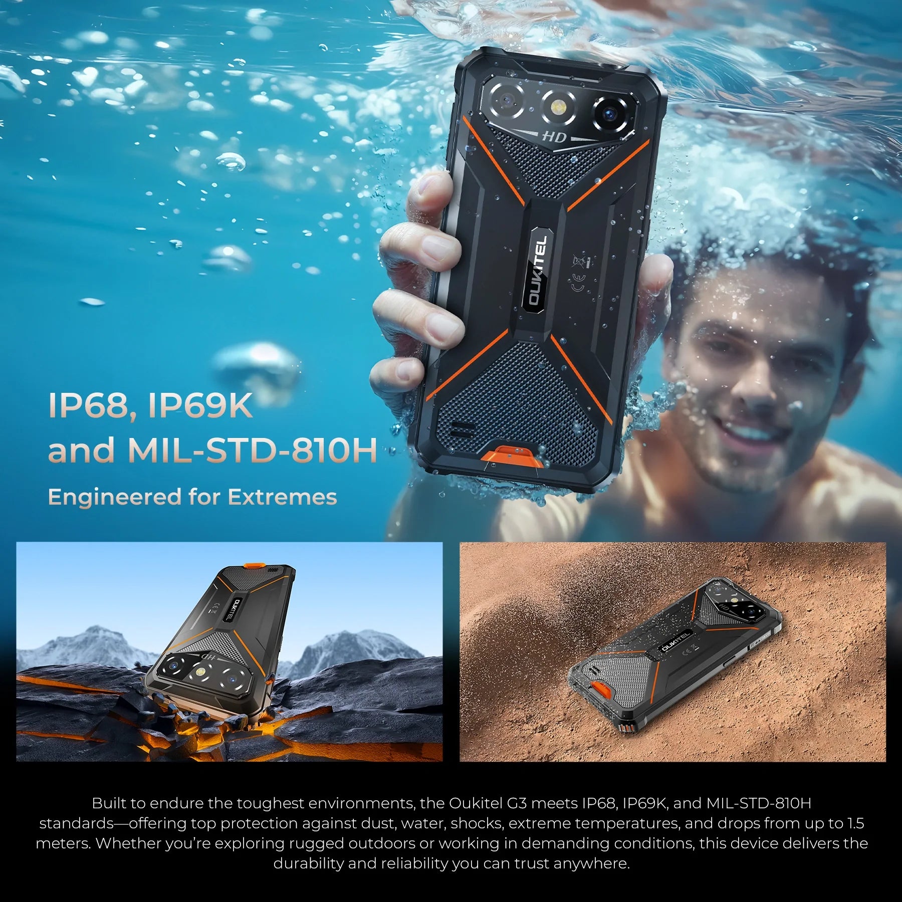 Oukitel G3 waterproof rugged phone with IP68 rating for outdoor and tough environments