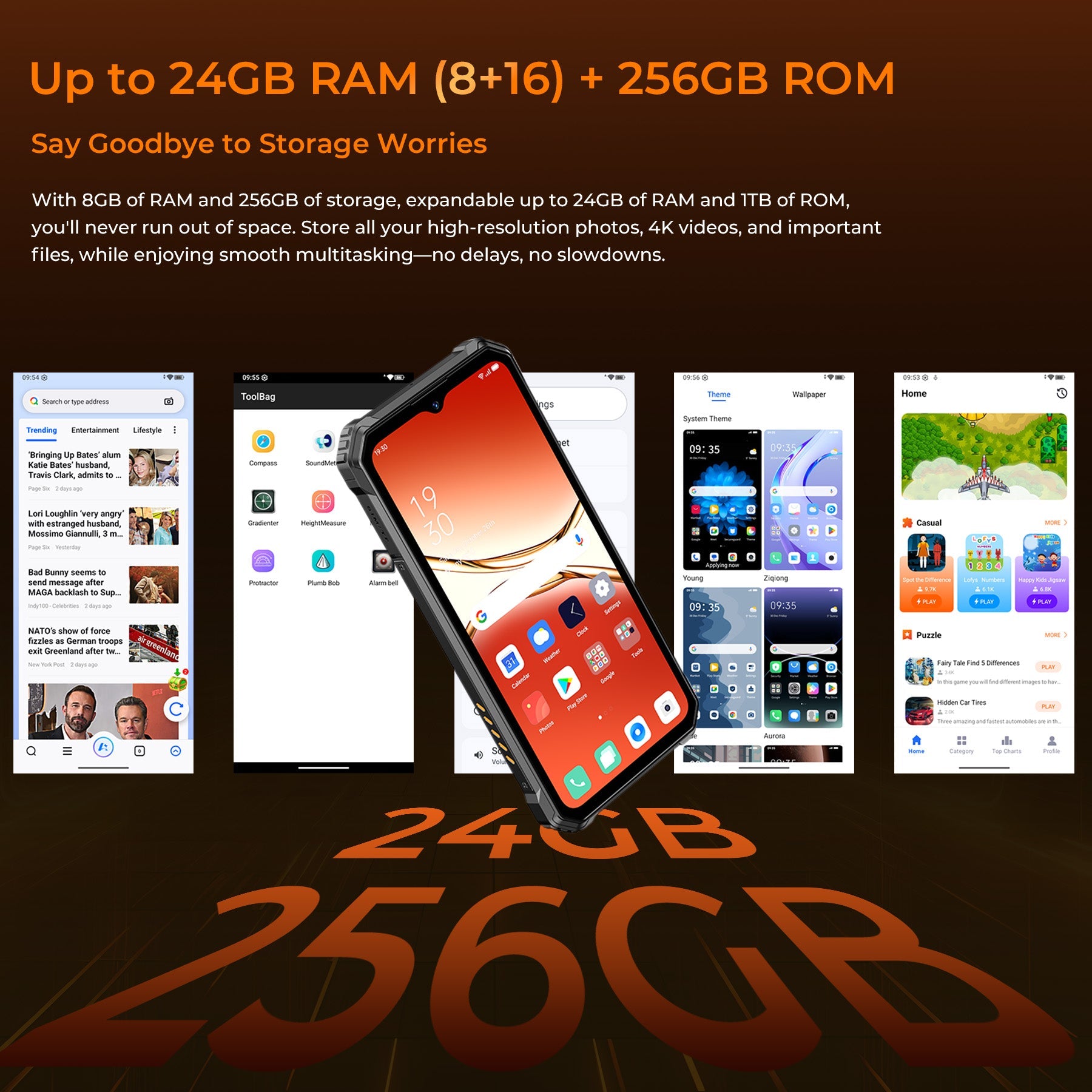 OUKITEL G6 rugged smartphone with up to 24GB RAM (8GB+16GB expansion) and 256GB storage, showcasing smooth multitasking, 4K video storage, and high-performance mobile experience