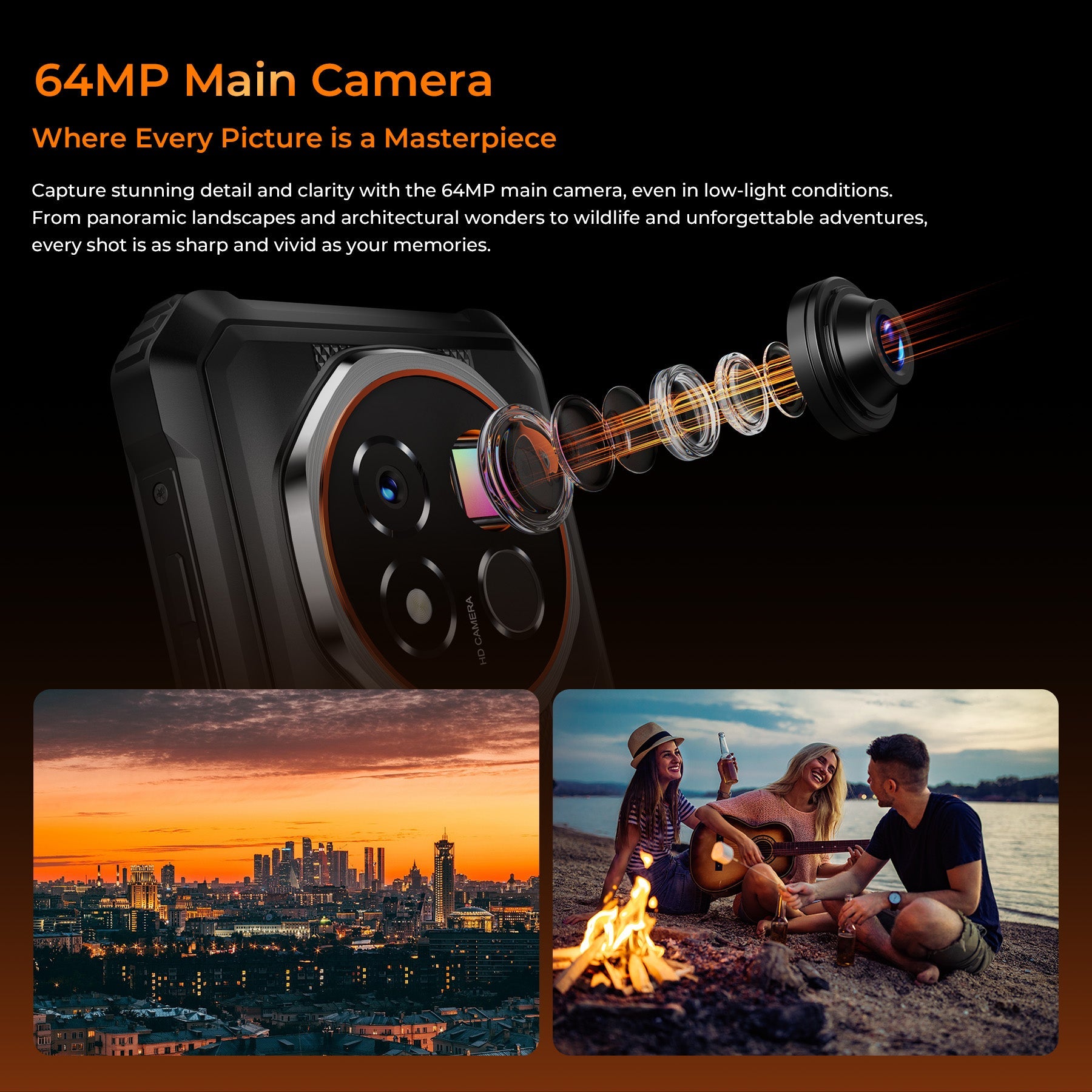 OUKITEL G6 rugged phone with 64MP main camera and advanced lens system, capturing sharp, high-resolution photos in low-light and outdoor environments.
