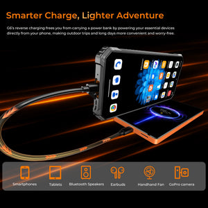 OUKITEL G6 rugged phone with reverse charging capability, powering smartphones, tablets, and accessories for convenient outdoor and travel use.