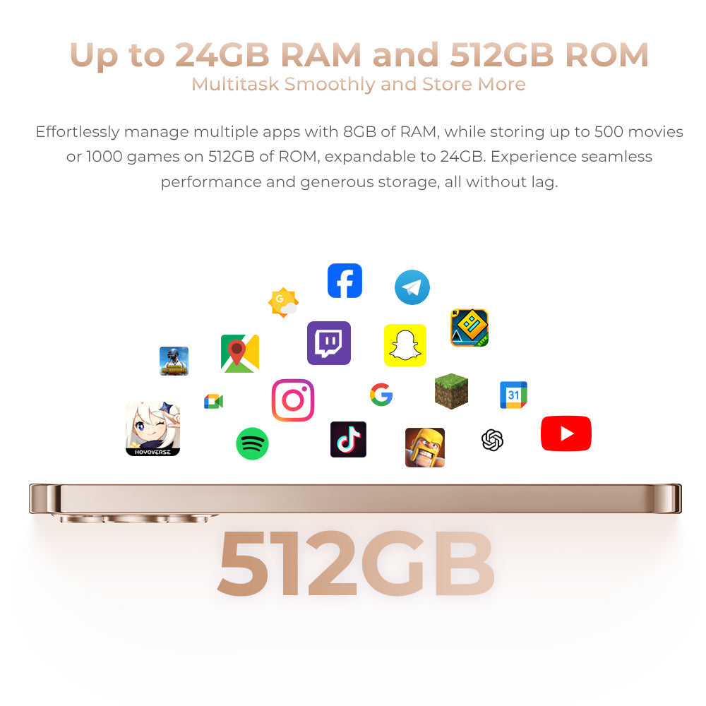 Oukitel P1 Pro smartphone with up to 24GB RAM and 512GB ROM, offering smooth multitasking, generous storage for apps, movies, and games without lag.