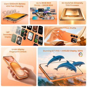 OUKITEL P2 Plus 5G Smartphone with 6.7-inch FHD+ 120Hz AMOLED display, 5000mAh battery, 45W fast charging, up to 36GB RAM, 256GB ROM, MediaTek Dimensity 7100 processor, and 1.81-inch secondary display - Slim 7.7mm design with under-display fingerprint unlock