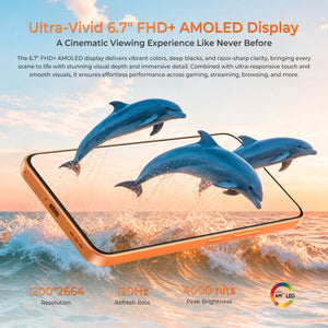 OUKITEL P2 Plus 6.7-inch FHD+ AMOLED display with 1200x2664 resolution, 120Hz refresh rate, and 4000 nits peak brightness – Ultra-vivid cinematic screen for gaming and streaming