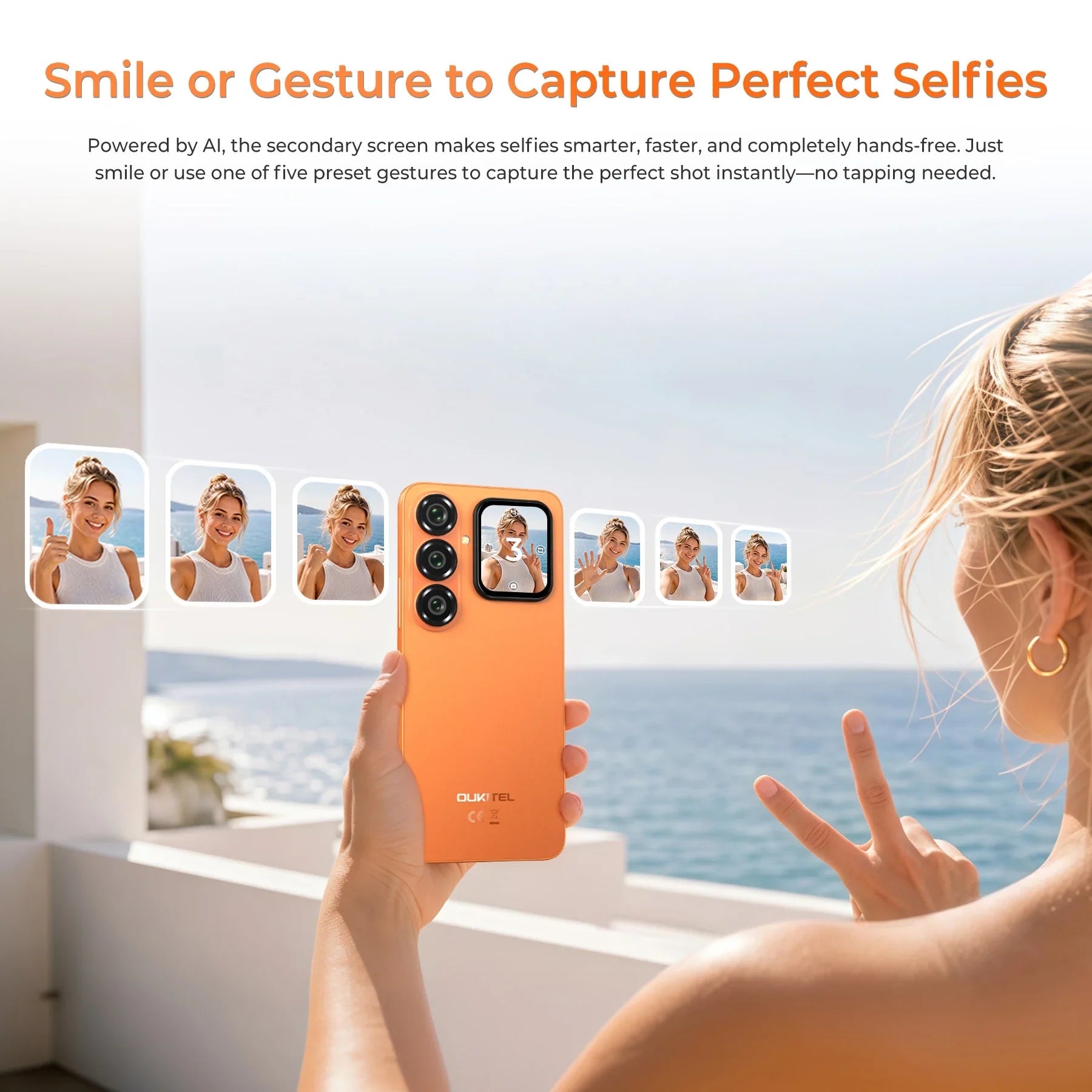 OUKITEL P2 Plus AI-powered secondary display selfie – Capture hands-free perfect selfies with a smile or any of 5 preset gestures, no tapping needed, using the rear mini screen