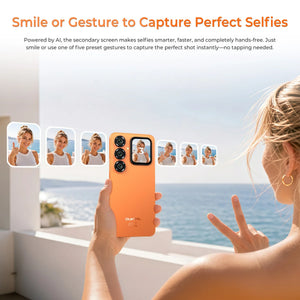 OUKITEL P2 Plus AI-powered secondary display selfie – Capture hands-free perfect selfies with a smile or any of 5 preset gestures, no tapping needed, using the rear mini screen