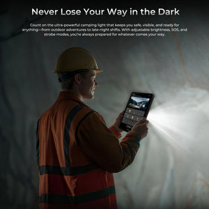 OUKITEL RT10 5G tablet with ultra-powerful camping light, featuring adjustable brightness, SOS, and strobe modes for outdoor safety.
