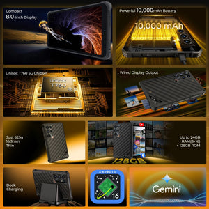 OUKITEL RT11 Rugged Tablet with 8-inch display, 10,000mAh battery, Unisoc T760 5G processor, wired display output, up to 24GB RAM, 128GB storage, Android 16, and dock charging support.