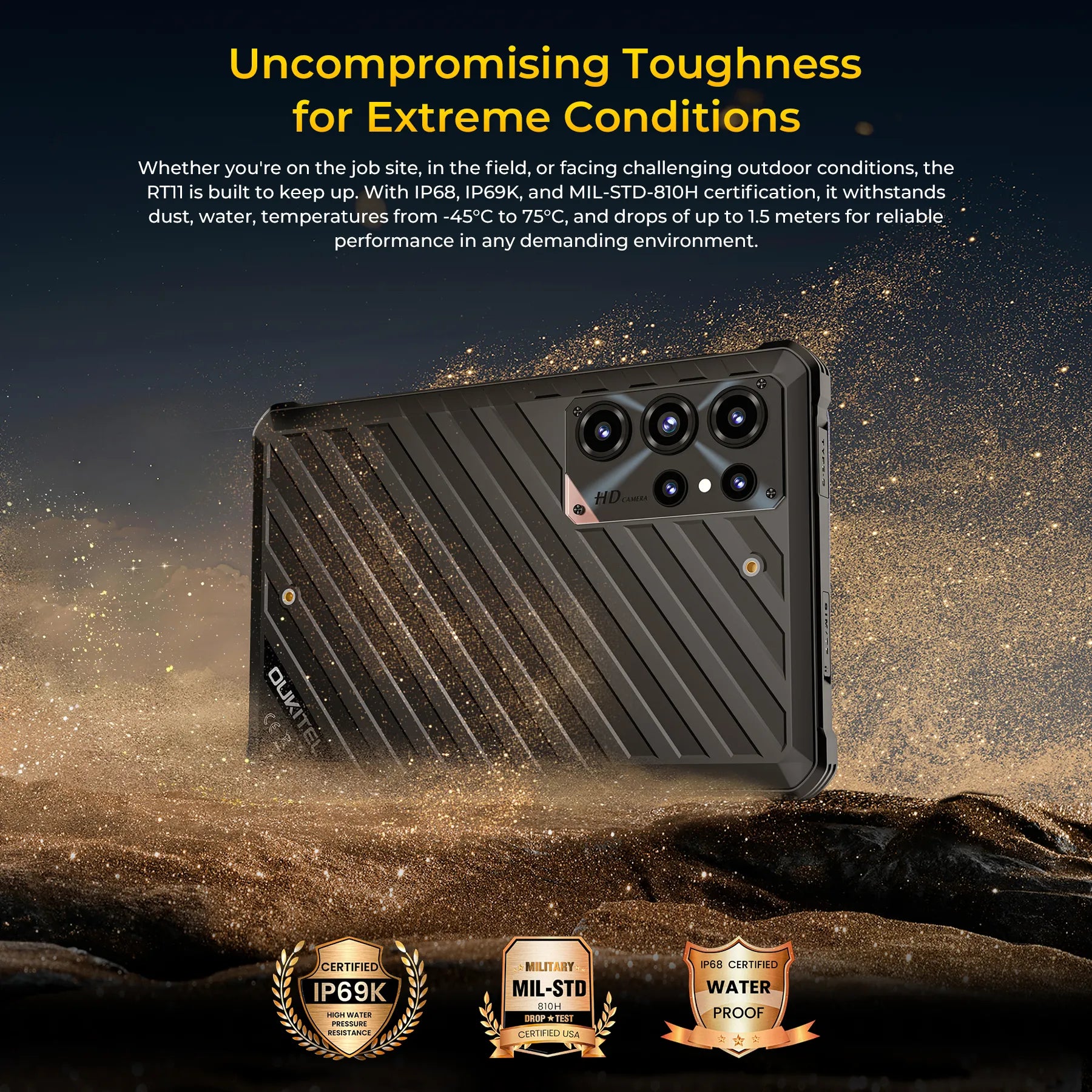 OUKITEL RT11 rugged Android tablet featuring IP68 and IP69K waterproof protection, MIL-STD-810H durability, resistance to dust, water, extreme temperatures, and 1.5-meter drops for outdoor work and industrial use.