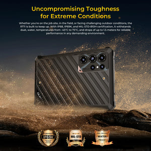 OUKITEL RT11 rugged Android tablet featuring IP68 and IP69K waterproof protection, MIL-STD-810H durability, resistance to dust, water, extreme temperatures, and 1.5-meter drops for outdoor work and industrial use.