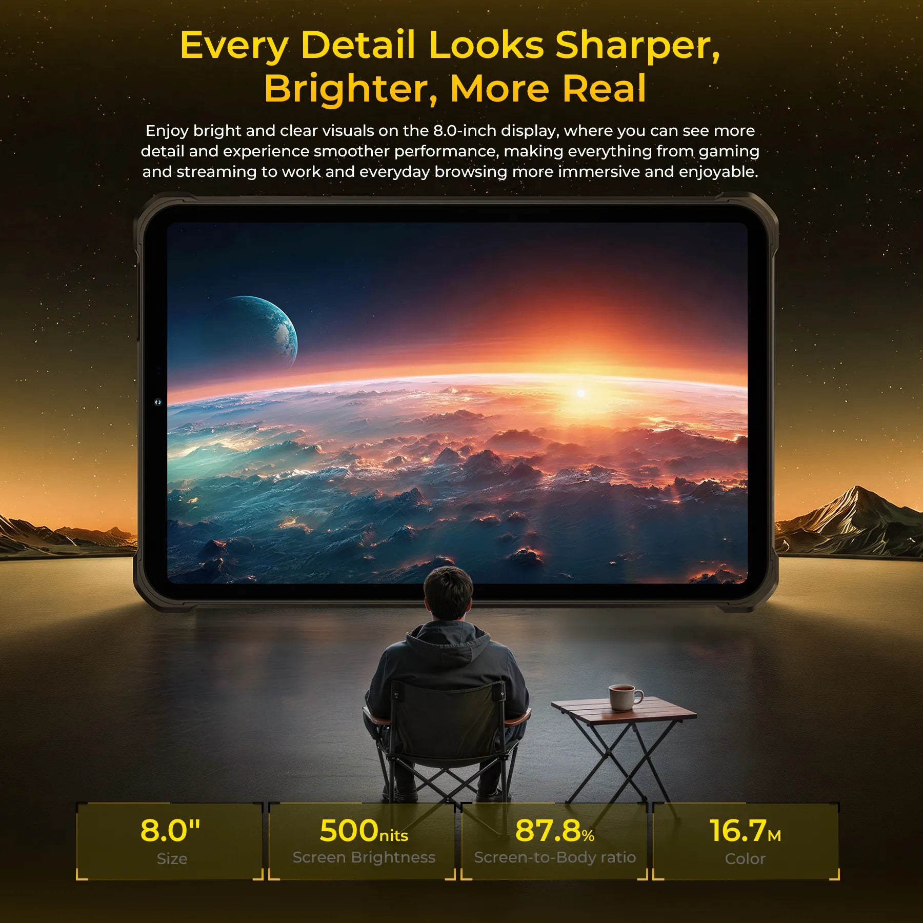 OUKITEL RT11 rugged tablet featuring an 8-inch bright display, 500 nits screen brightness, and durable design for outdoor use