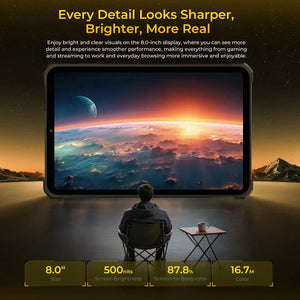 OUKITEL RT11 rugged tablet featuring an 8-inch bright display, 500 nits screen brightness, and durable design for outdoor use