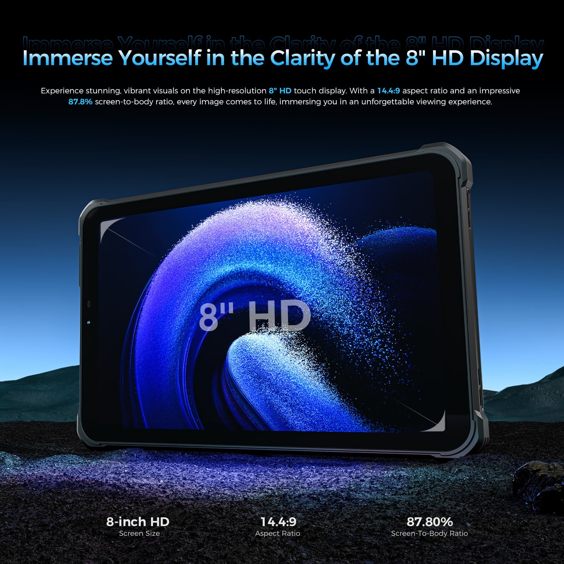 OUKITEL RT3 Plus tablet featuring an 8-inch HD display with a 14.4:9 aspect ratio and 87.8% screen-to-body ratio, delivering stunning visuals for an immersive viewing experience.
