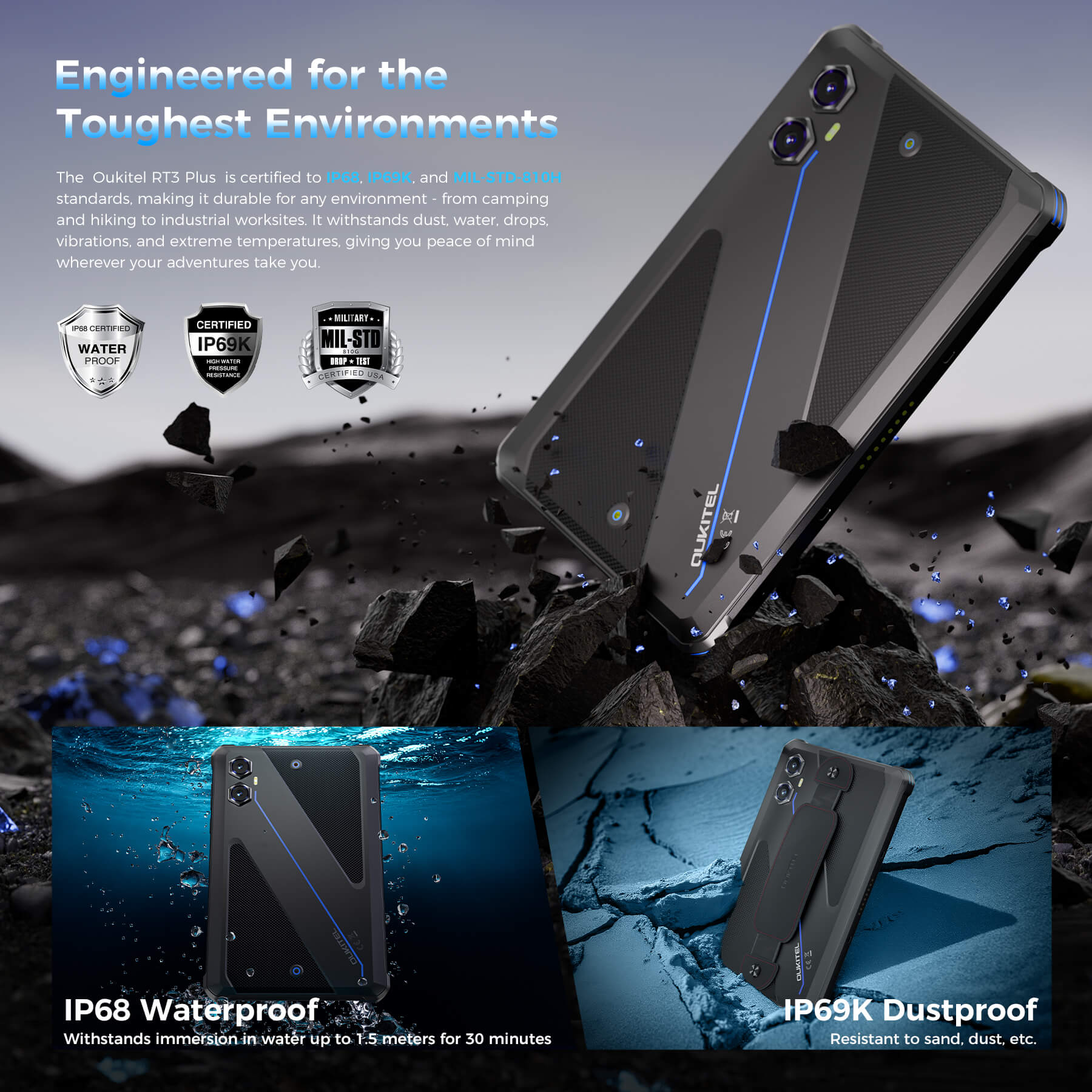 OUKITEL RT3 Plus tablet engineered for tough environments with IP68 waterproof, IP69K dustproof, and MIL-STD-810H military-grade durability certifications. Resistant to water immersion, dust, drops, and extreme conditions.