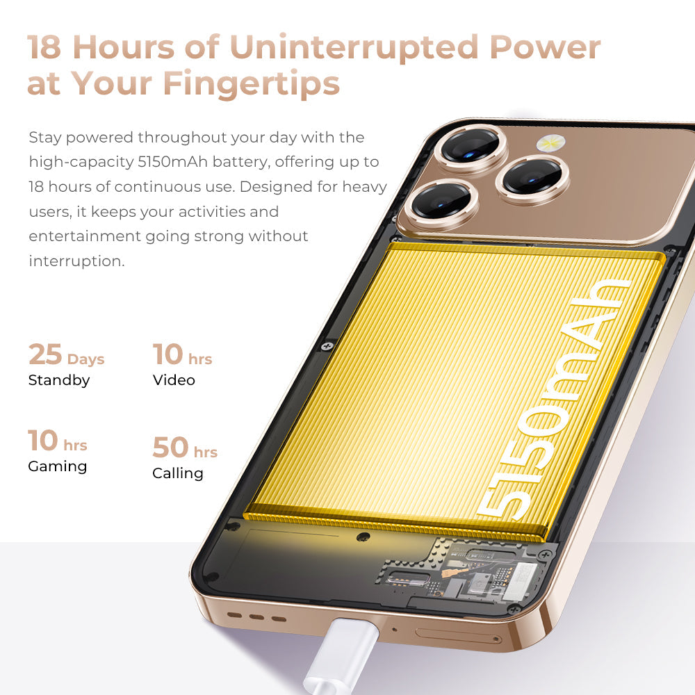 Oukitel smartphone with 5150mAh battery offering 18 hours use, 25 days standby, 10 hours gaming and video, 50 hours calling
