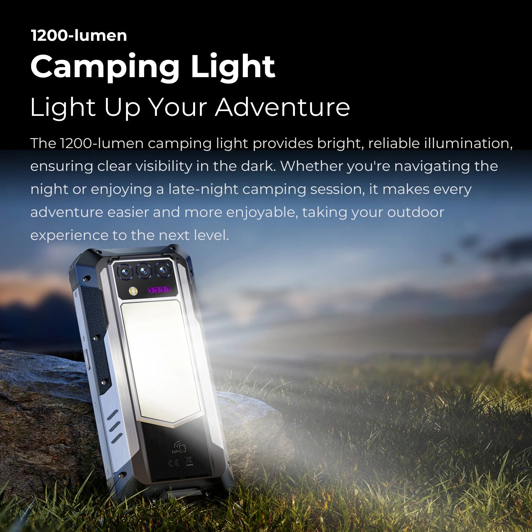 WP100 Plus 1200-lumen camping light providing bright LED illumination for outdoor camping, hiking, emergency lighting, and nighttime adventures.