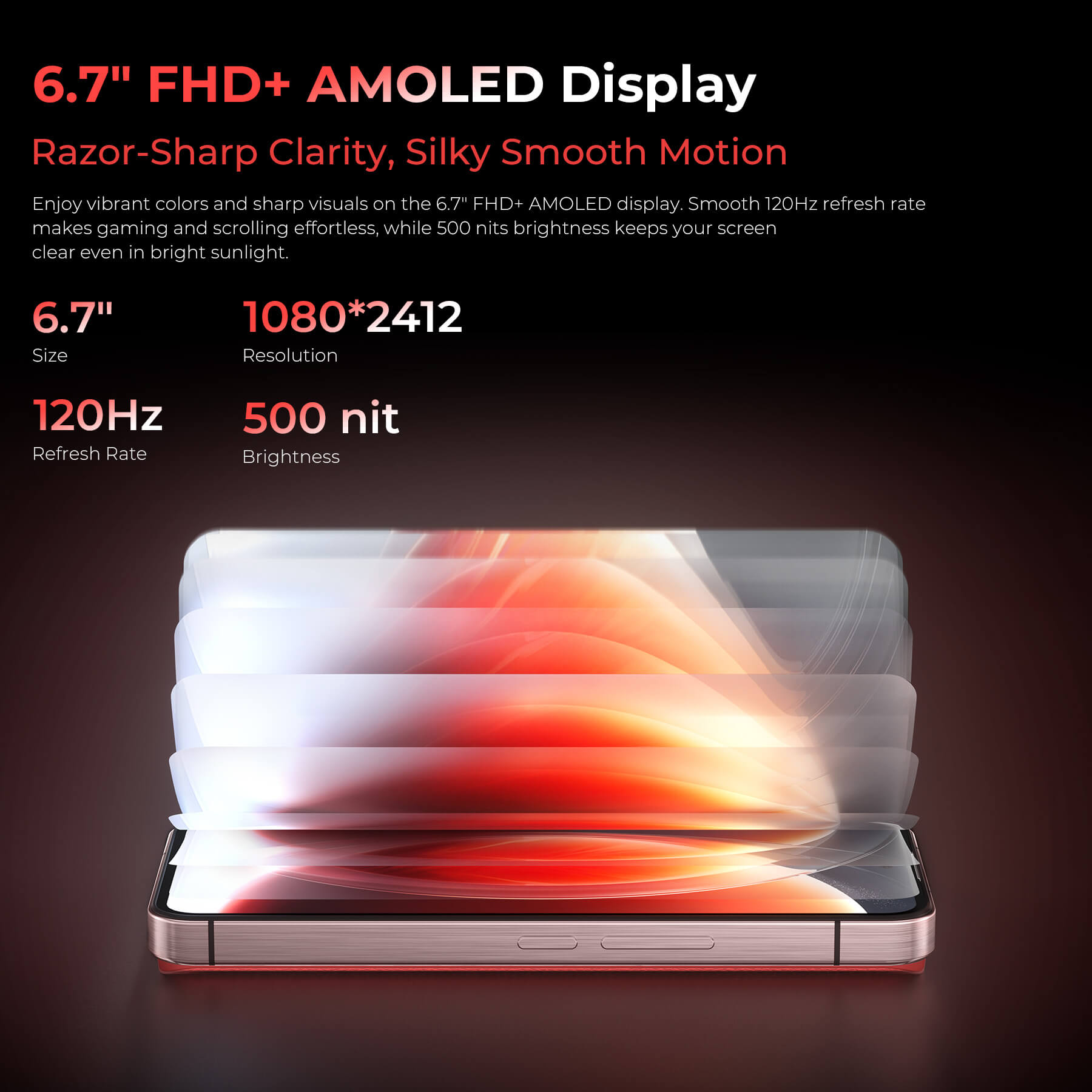 Oukitel WP210 5G rugged phone with 6.7-inch FHD+ AMOLED display offering vibrant colors, deep blacks, and sharp resolution