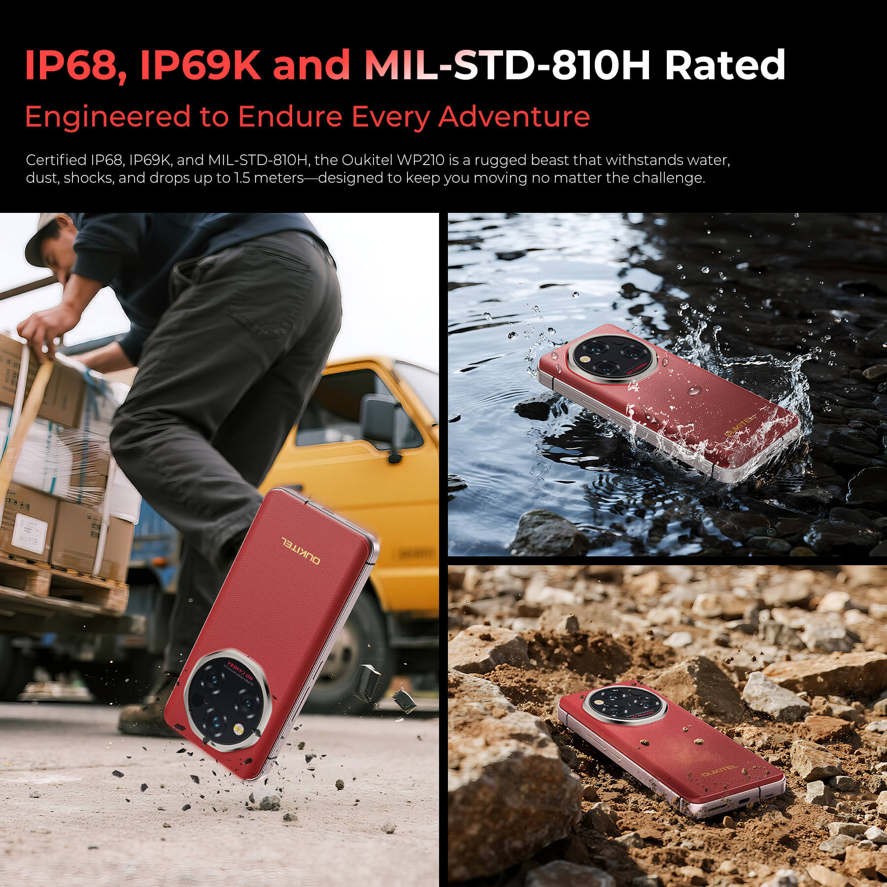 Oukitel WP210 5G rugged phone with IP68 waterproof and dustproof rating, ensuring reliable performance in extreme outdoor conditions