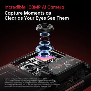 Oukitel WP300 smartphone featuring a 108MP AI-powered main camera with Samsung sensor for ultra-clear, detailed, and vibrant photography.