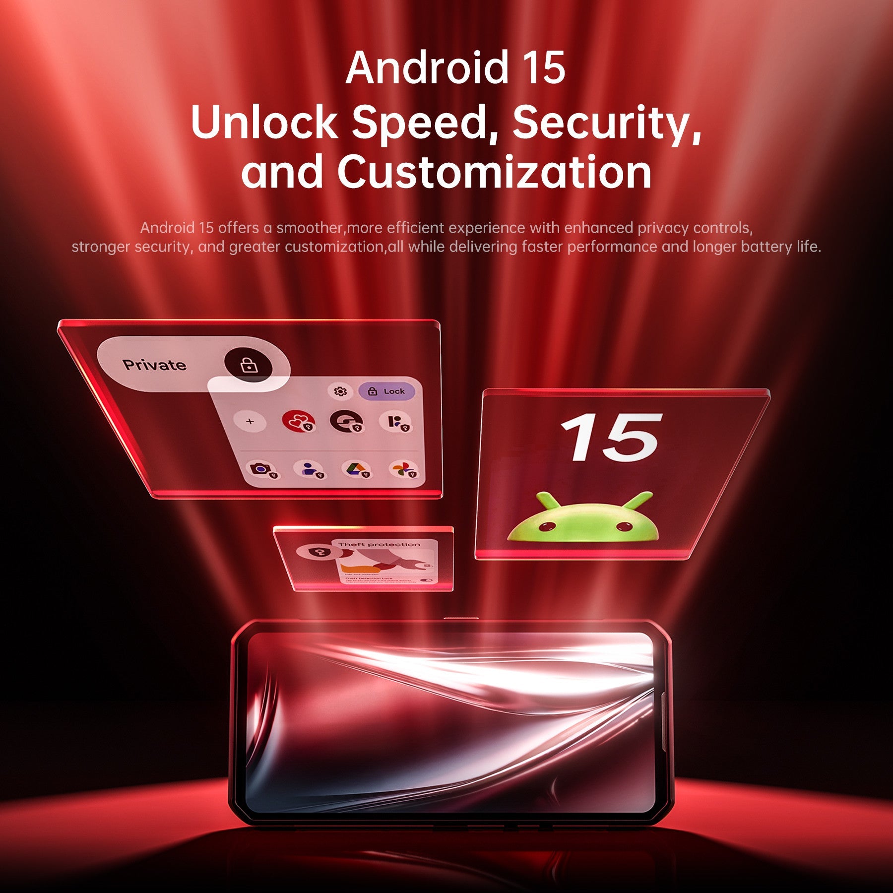 Oukitel WP300 rugged phone running Android 15 with enhanced speed, security, privacy controls, and customization features.