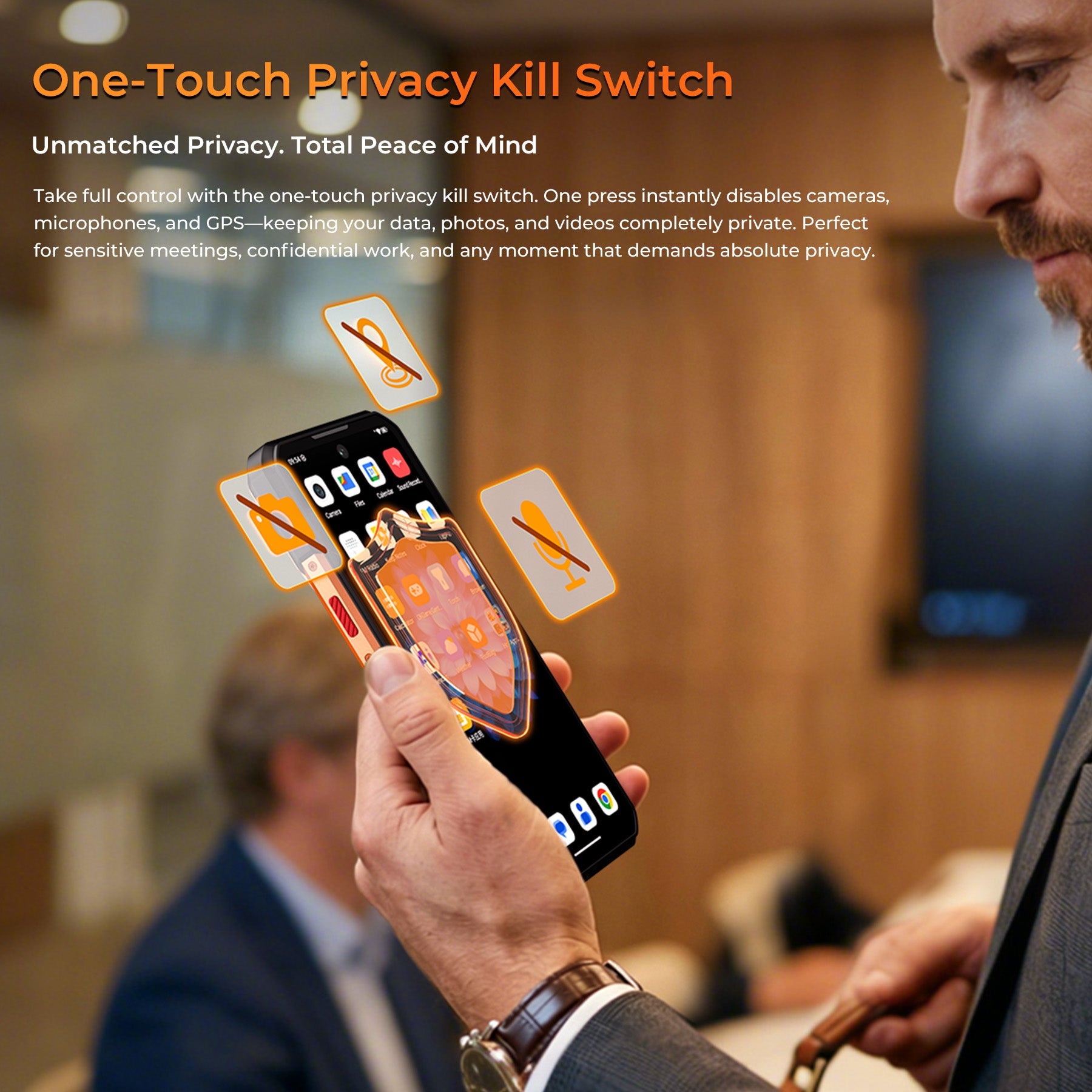 OUKITEL WP500 rugged phone featuring one-touch privacy kill switch for disabling camera, microphone and GPS for secure communication and privacy protection