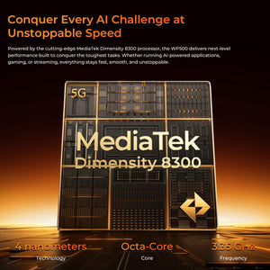 OUKITEL WP500 rugged phone powered by MediaTek Dimensity 8300 processor with 5G, 4nm technology, octa-core 3.35GHz, delivering unstoppable speed for AI tasks, gaming, and streaming