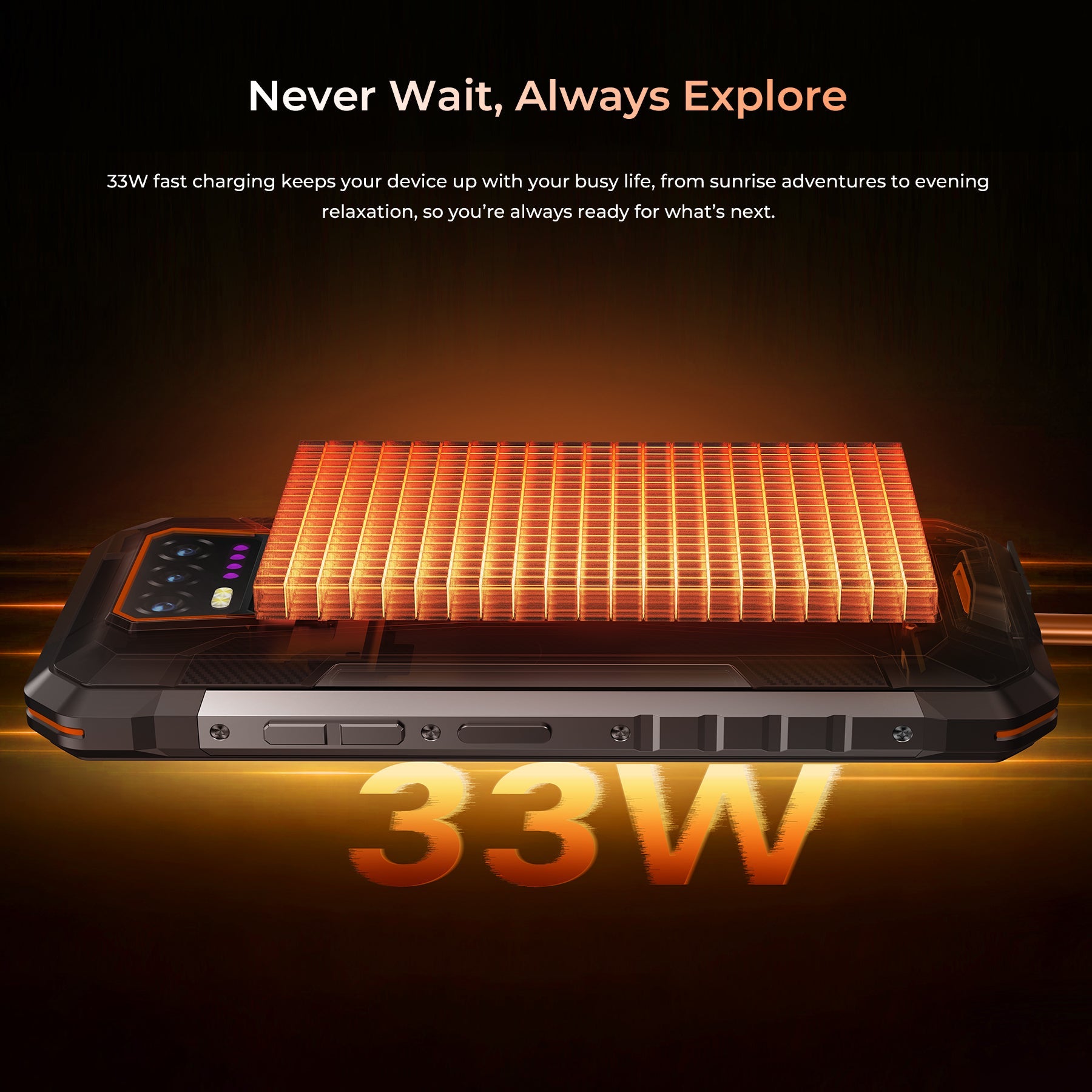 OUKITEL WP58 PRO rugged smartphone with 33W fast charging, ensuring your device stays powered throughout your busy day, from outdoor adventures to evening relaxation.