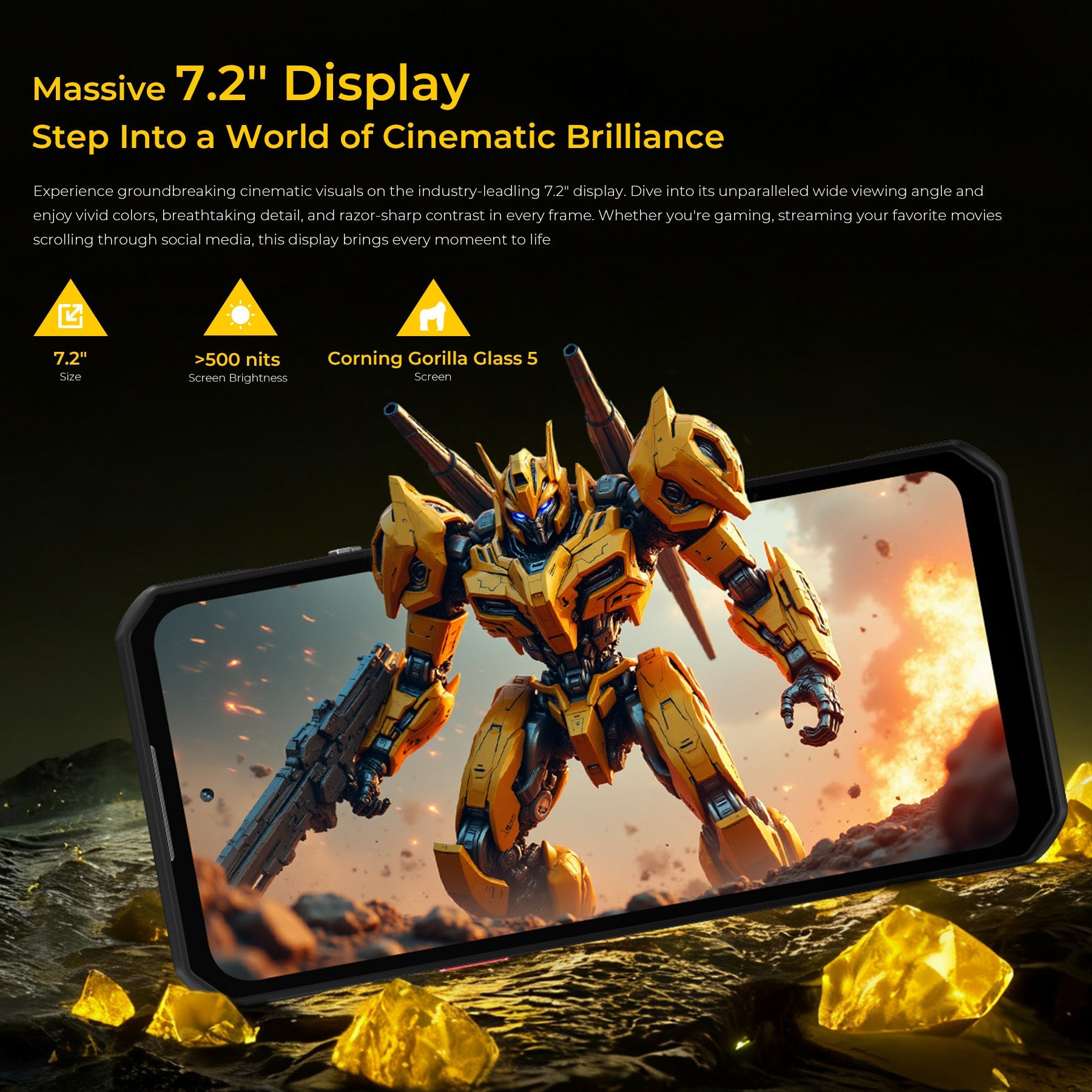 Oukitel WP60 rugged smartphone featuring a massive 7.2-inch HD+ display with over 500 nits brightness and Corning Gorilla Glass 5 protection for immersive cinematic visuals.