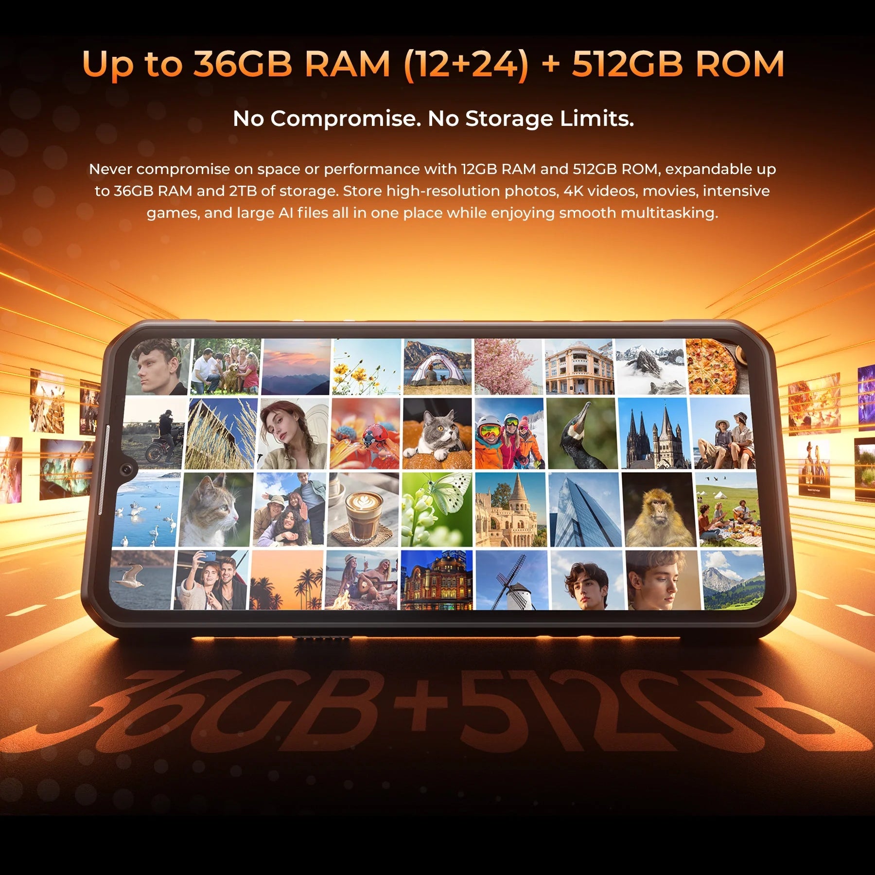 OUKITEL WP68 Air rugged phone with up to 36GB RAM and 512GB storage, delivering fast multitasking, ample space for photos, videos, apps, and smooth everyday performance.