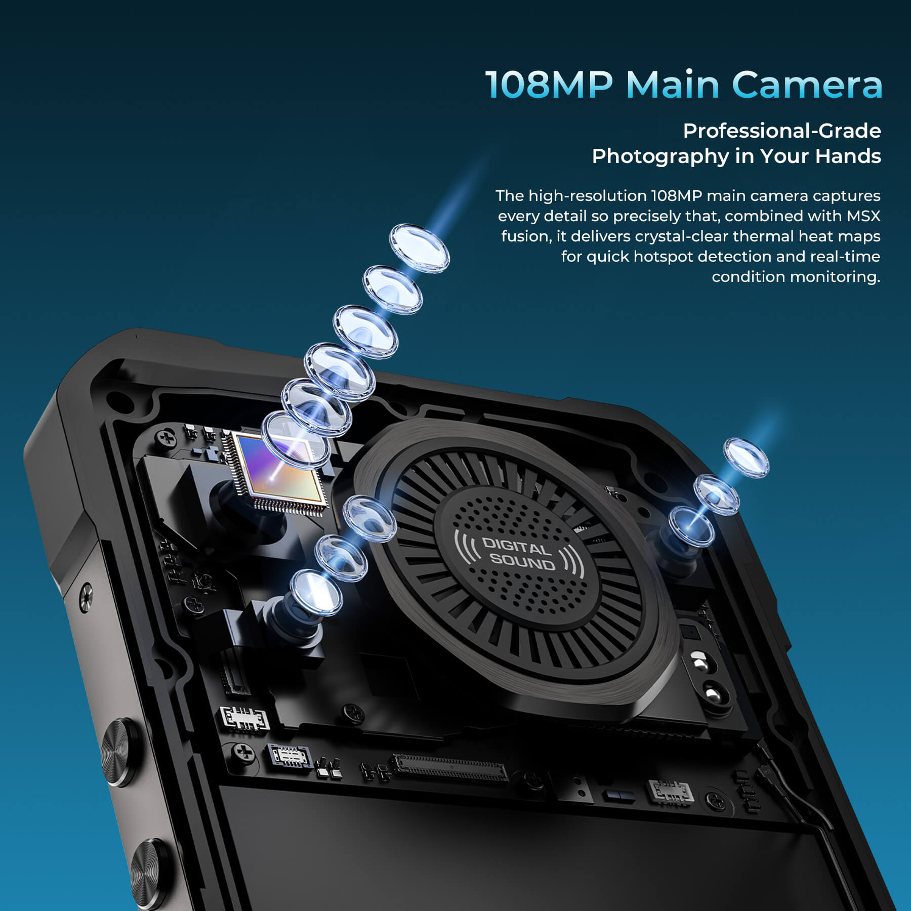 WP61 Rugged Phone featuring 108MP main camera with professional-grade photography and MsX fusion technology, delivering crystal-clear thermal heat maps for quick hotspot detection and real-time condition monitoring.
