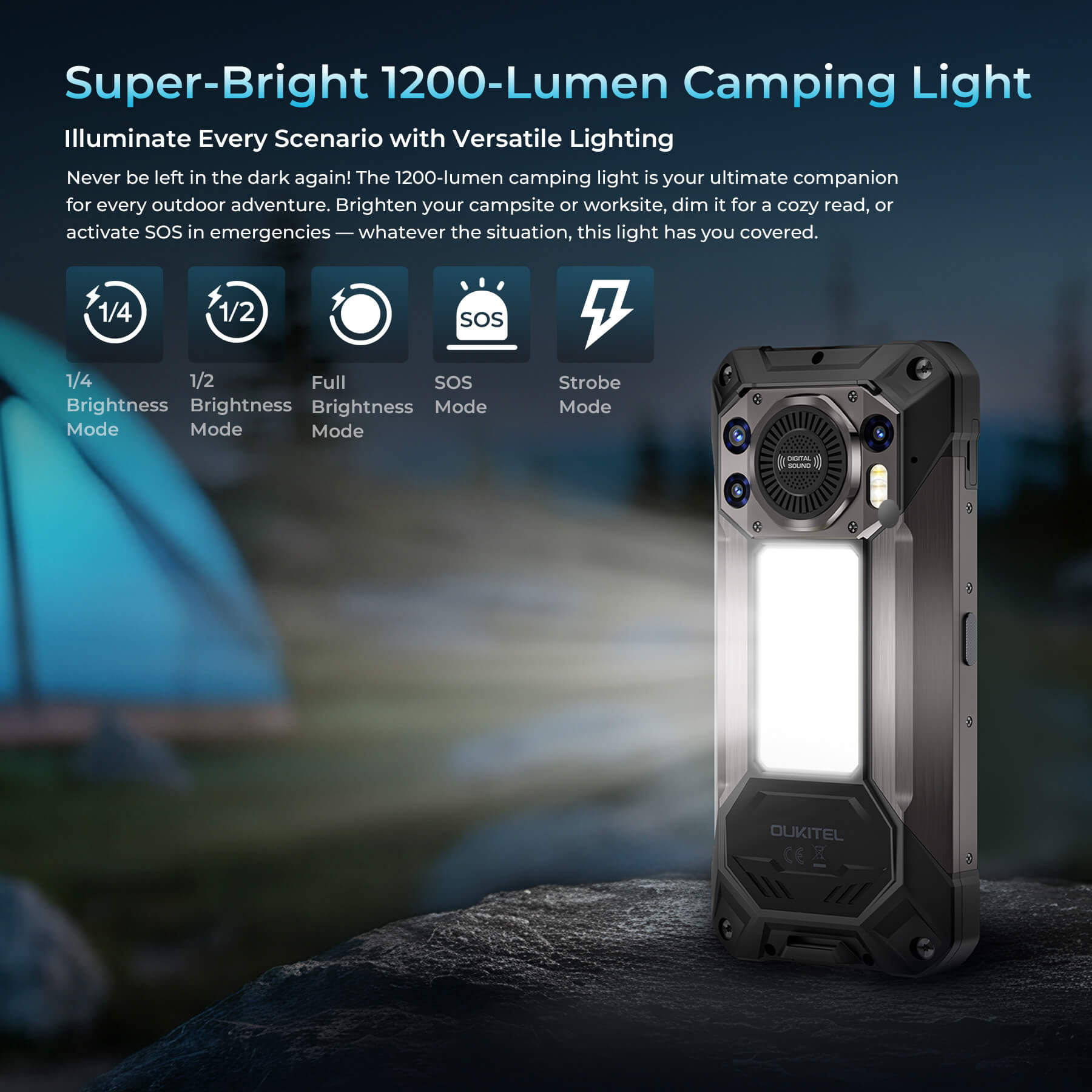 WP61 Rugged Phone featuring super-bright 1200-lumen camping light with versatile lighting modes including full brightness, half brightness, strobe, and SOS for outdoor adventures and emergencies.