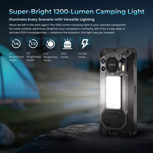 WP61 Rugged Phone featuring super-bright 1200-lumen camping light with versatile lighting modes including full brightness, half brightness, strobe, and SOS for outdoor adventures and emergencies.
